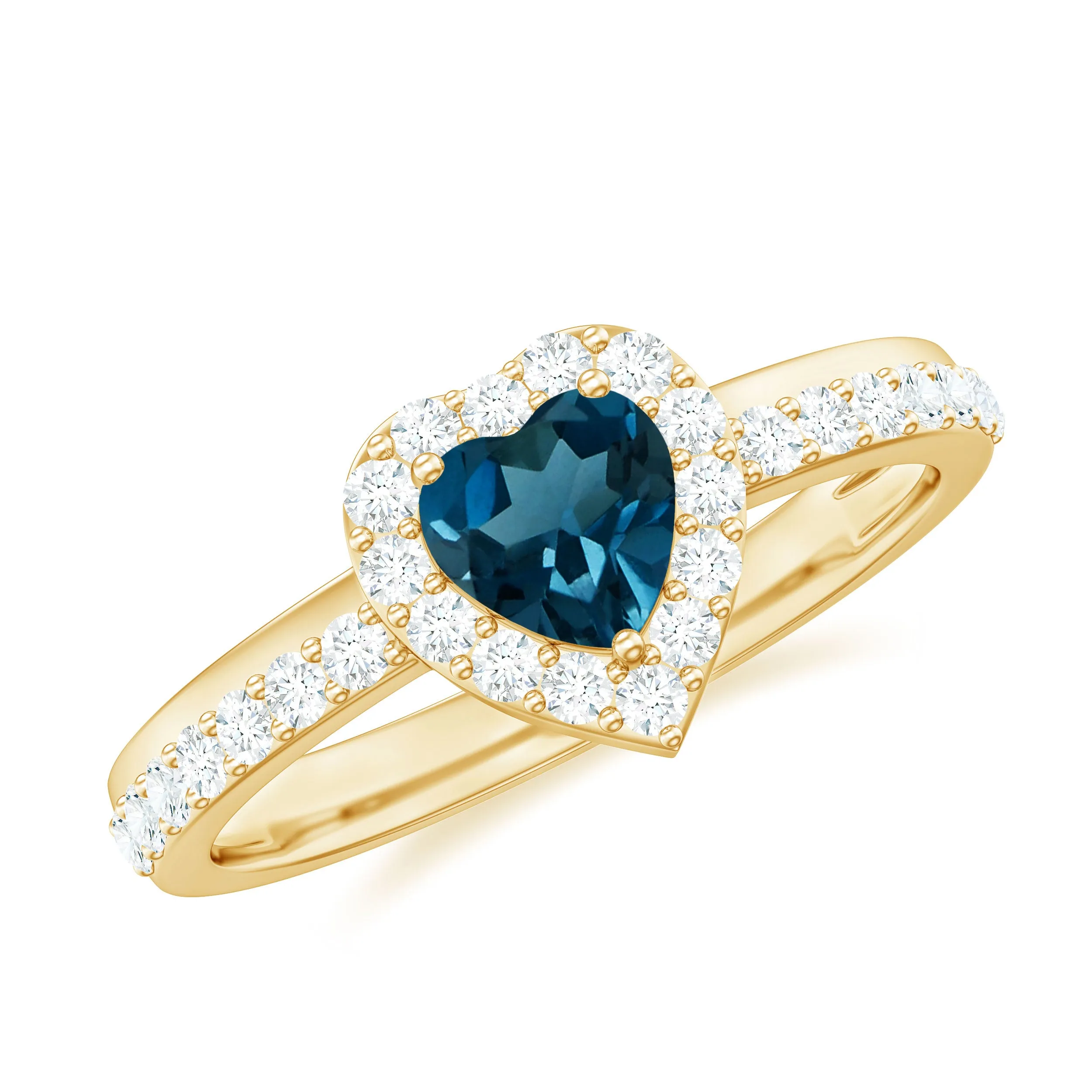 1 CT Heart Shape London Blue Topaz Promise Ring with Diamond Halo