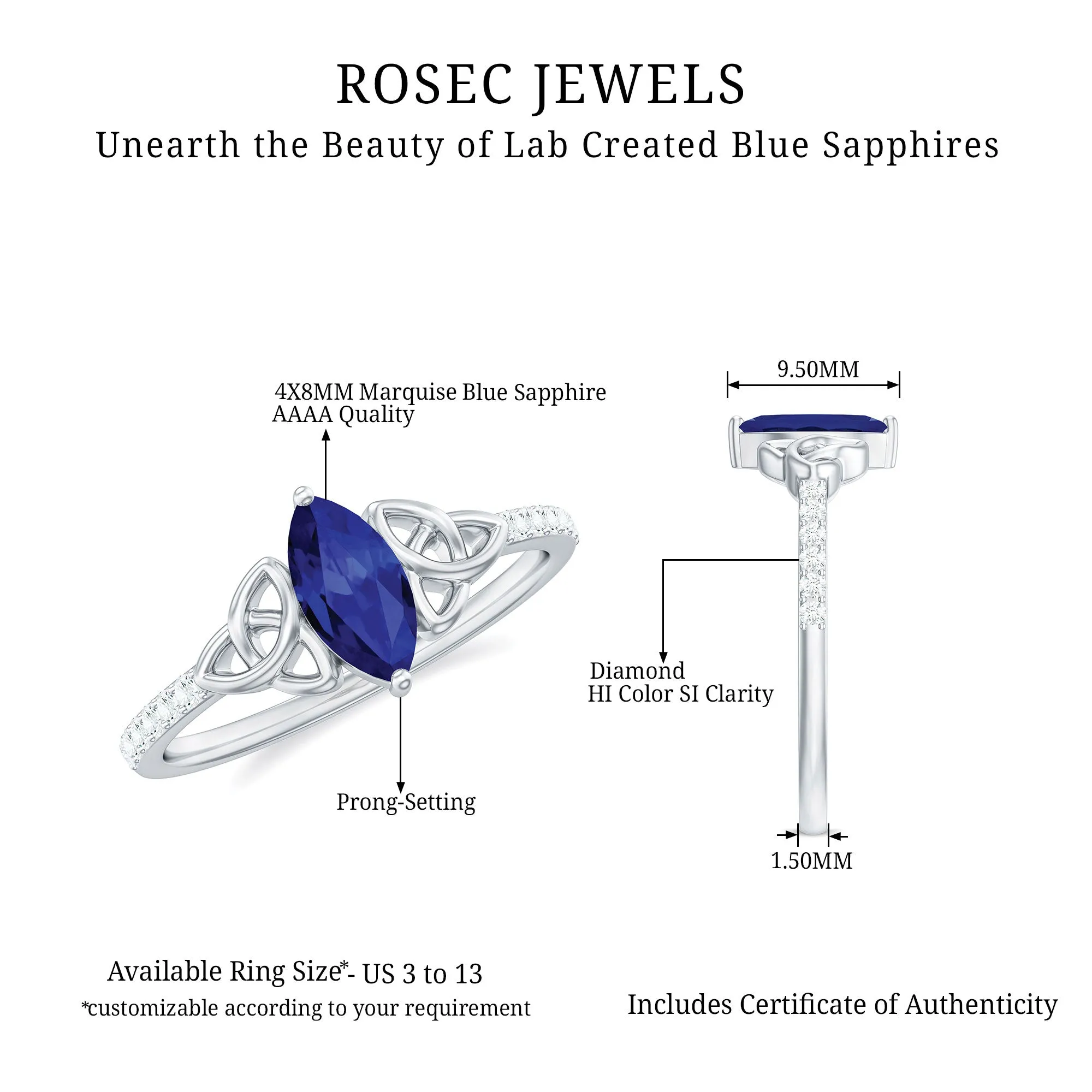 1 CT Marquise Created Blue Sapphire Solitaire Celtic Knot Ring with Diamond
