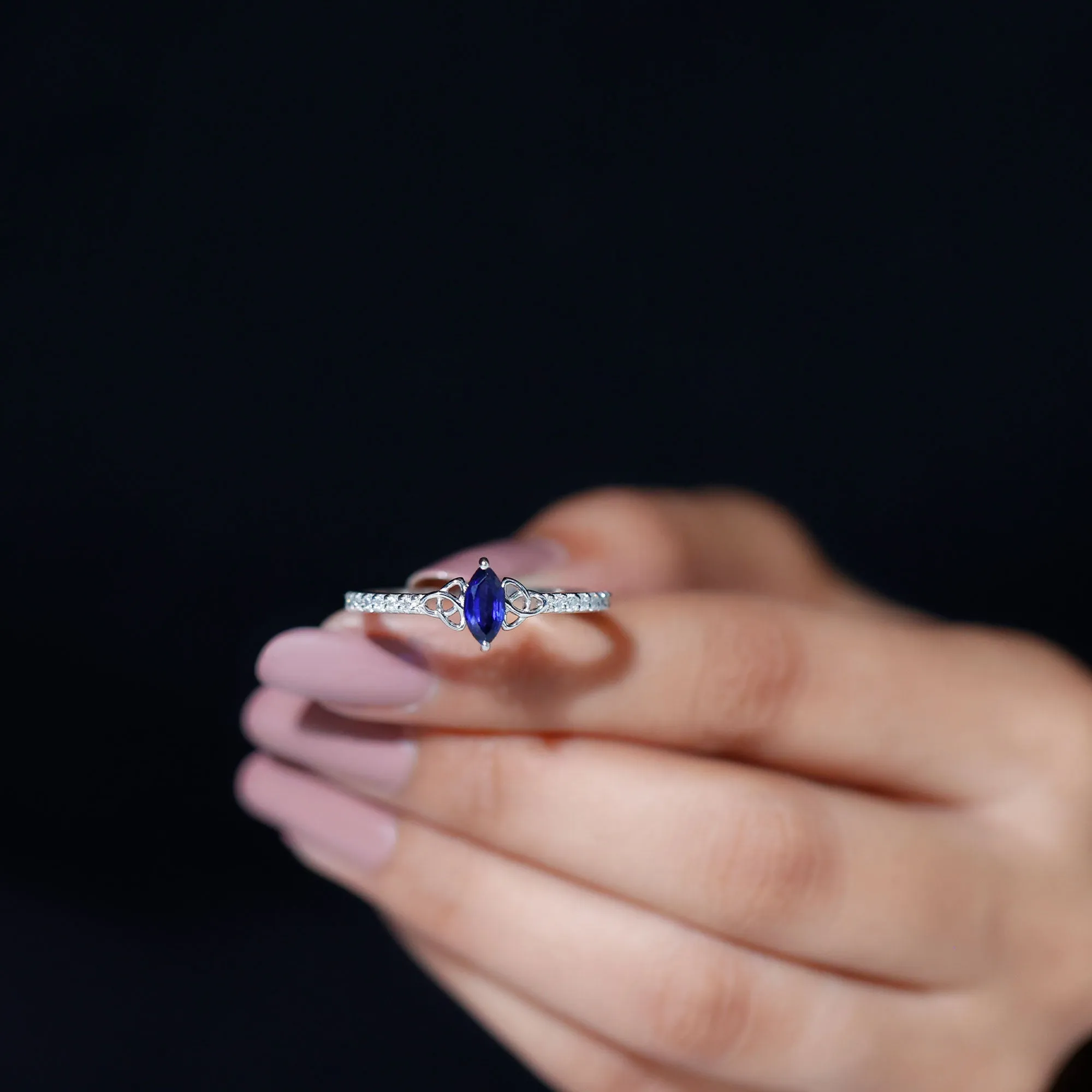 1 CT Marquise Created Blue Sapphire Solitaire Celtic Knot Ring with Diamond