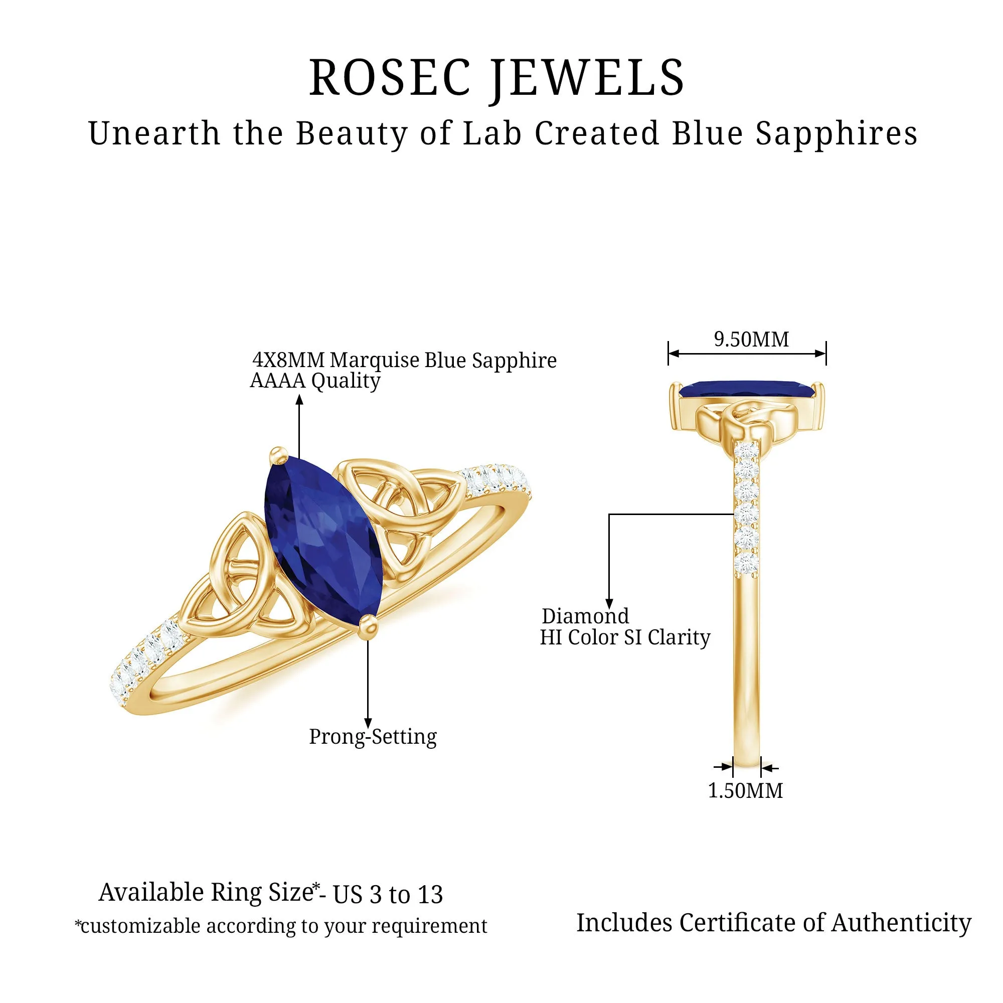 1 CT Marquise Created Blue Sapphire Solitaire Celtic Knot Ring with Diamond