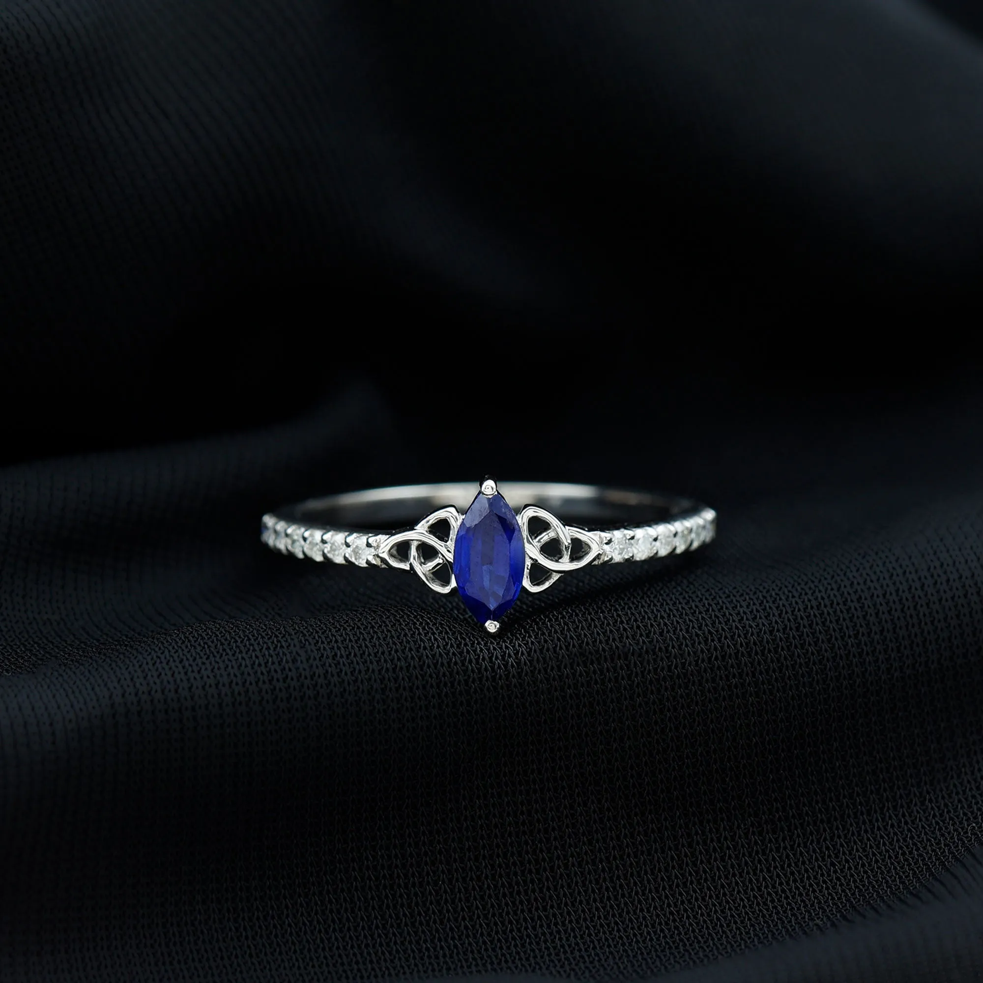 1 CT Marquise Created Blue Sapphire Solitaire Celtic Knot Ring with Diamond
