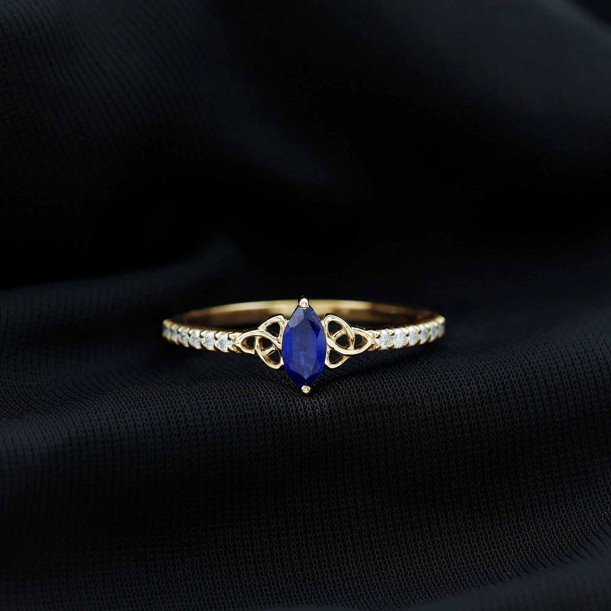 1 CT Marquise Created Blue Sapphire Solitaire Celtic Knot Ring with Diamond