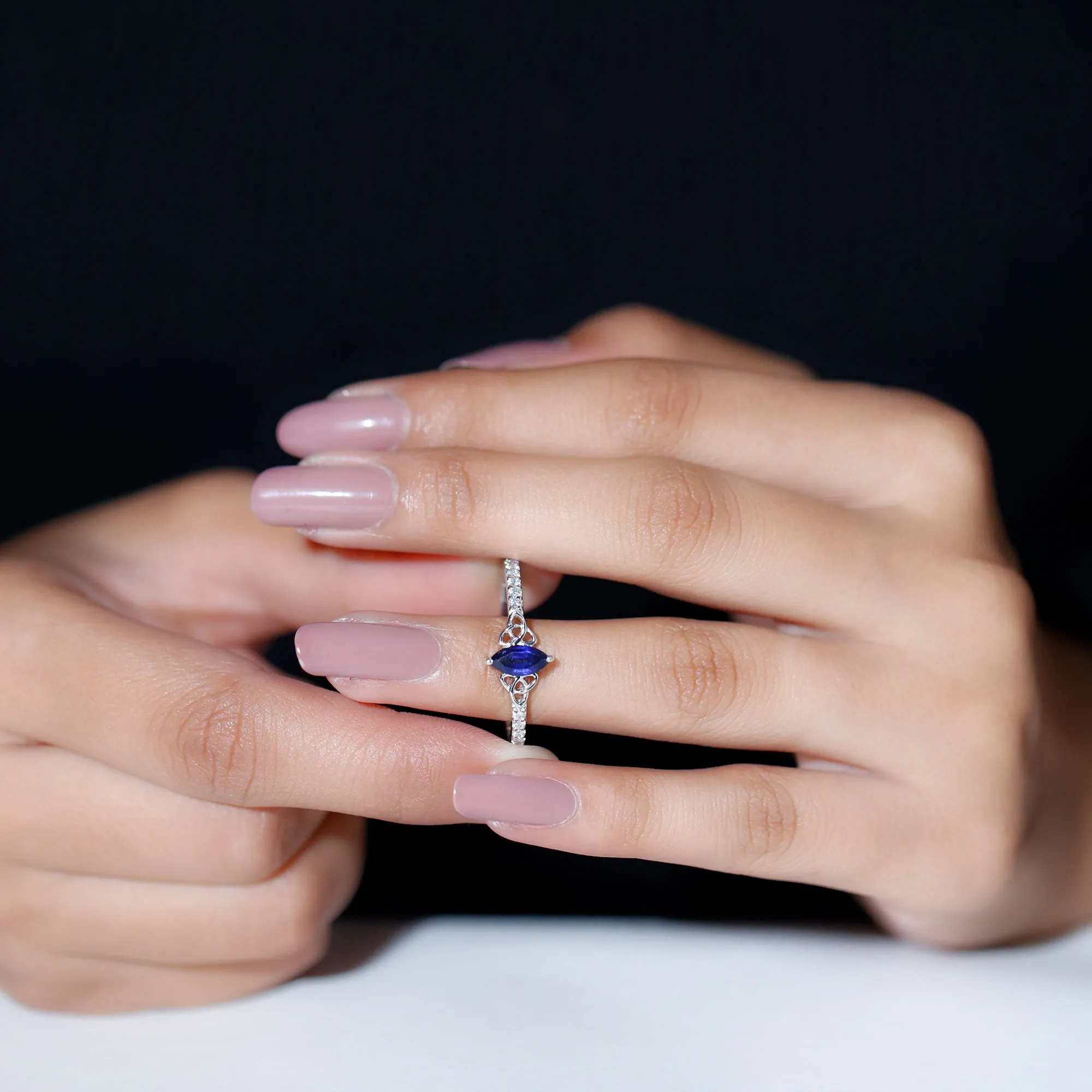 1 CT Marquise Created Blue Sapphire Solitaire Celtic Knot Ring with Diamond