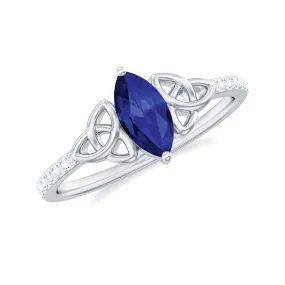 1 CT Marquise Created Blue Sapphire Solitaire Celtic Knot Ring with Diamond