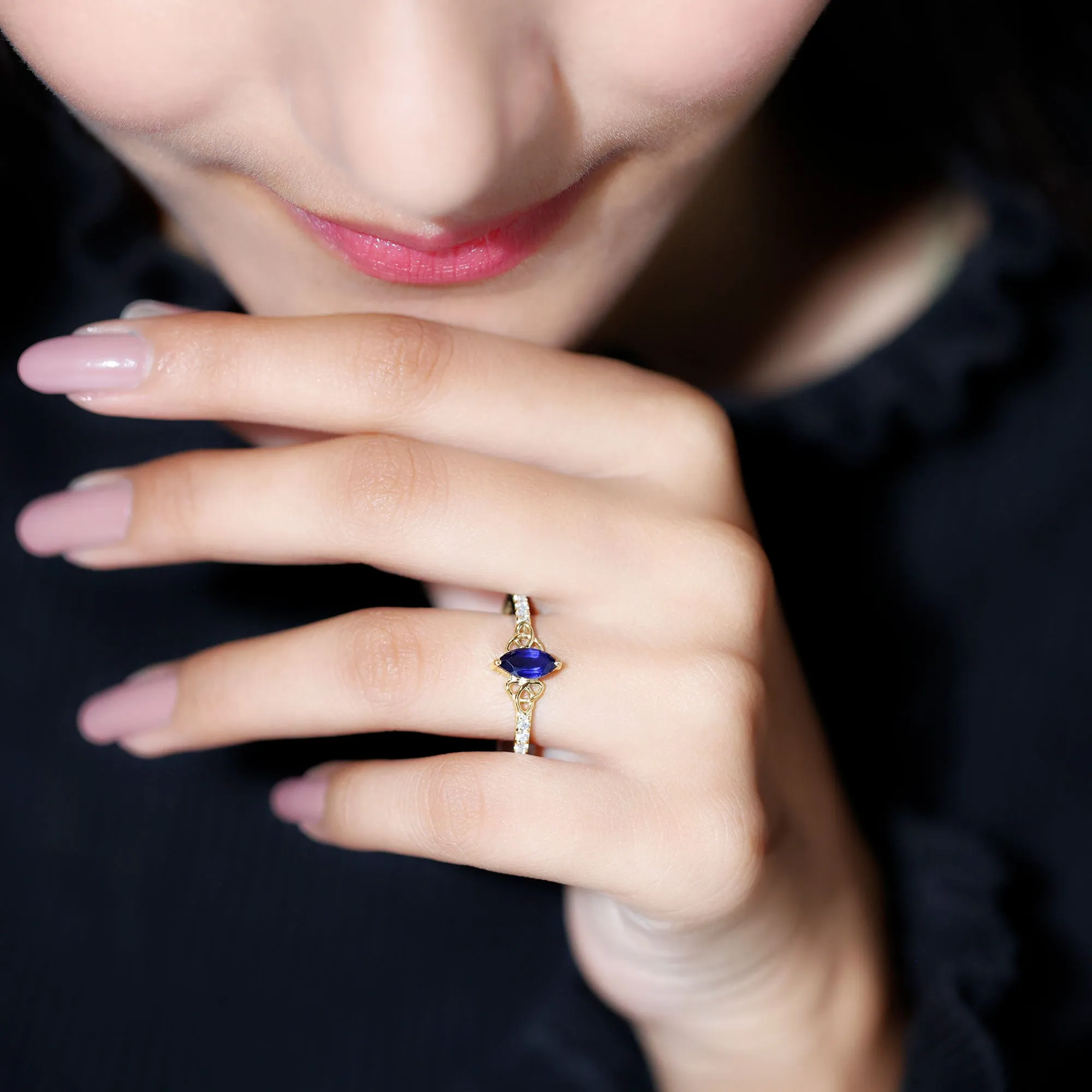1 CT Marquise Created Blue Sapphire Solitaire Celtic Knot Ring with Diamond
