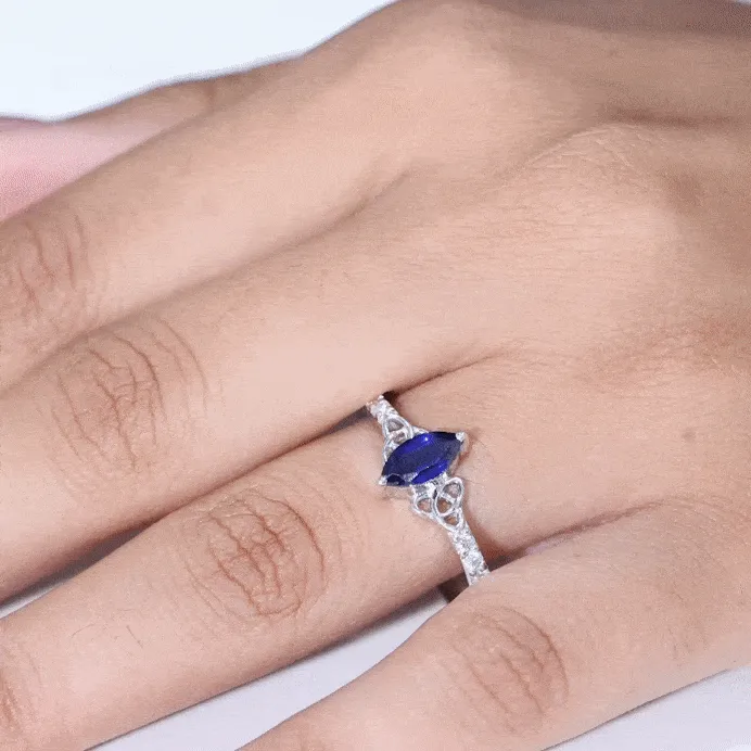 1 CT Marquise Created Blue Sapphire Solitaire Celtic Knot Ring with Diamond