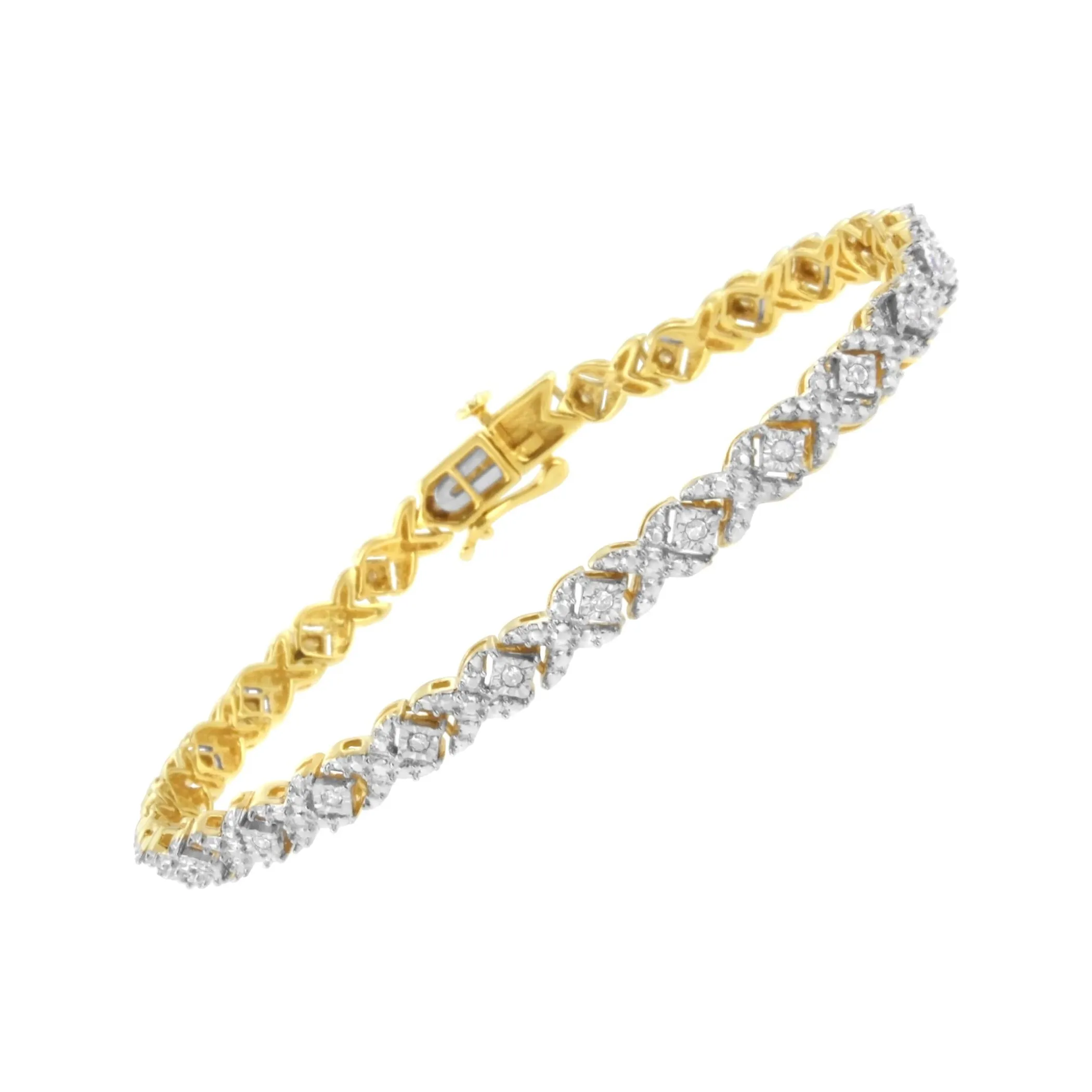 10K Yellow Gold Plated .925 Sterling Silver 1/4 cttw Diamond Alternating "X" and Bezel Link Bracelet (I-J Color, I2-I3 Clarity) - Size 7.25 "