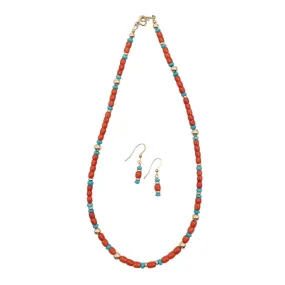 14K Gold, Coral and Sleeping Beauty Turquoise Necklace and Earring Set