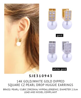 14K Gold Dipped Square CZ Pearl Drop Huggie Earrings