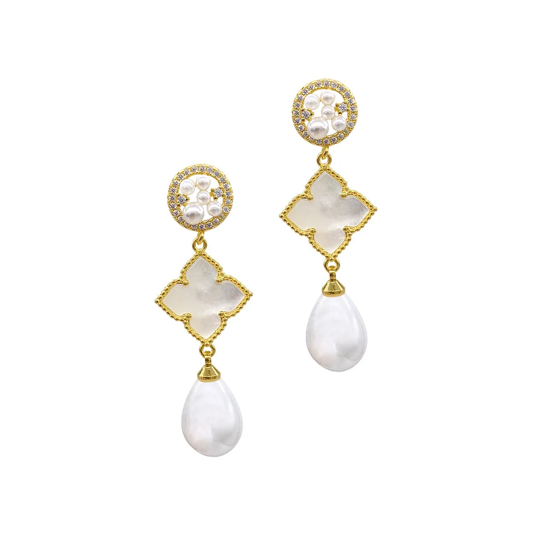 14k Gold Plated 3-Tier Flower White Mother of Pearl Drop Earrings
