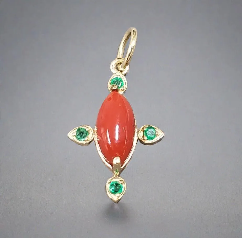 14k Gold Red Coral With Emerald Pendant