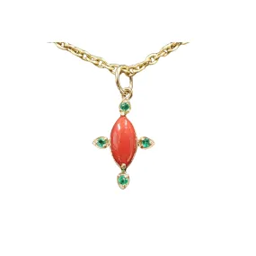 14k Gold Red Coral With Emerald Pendant