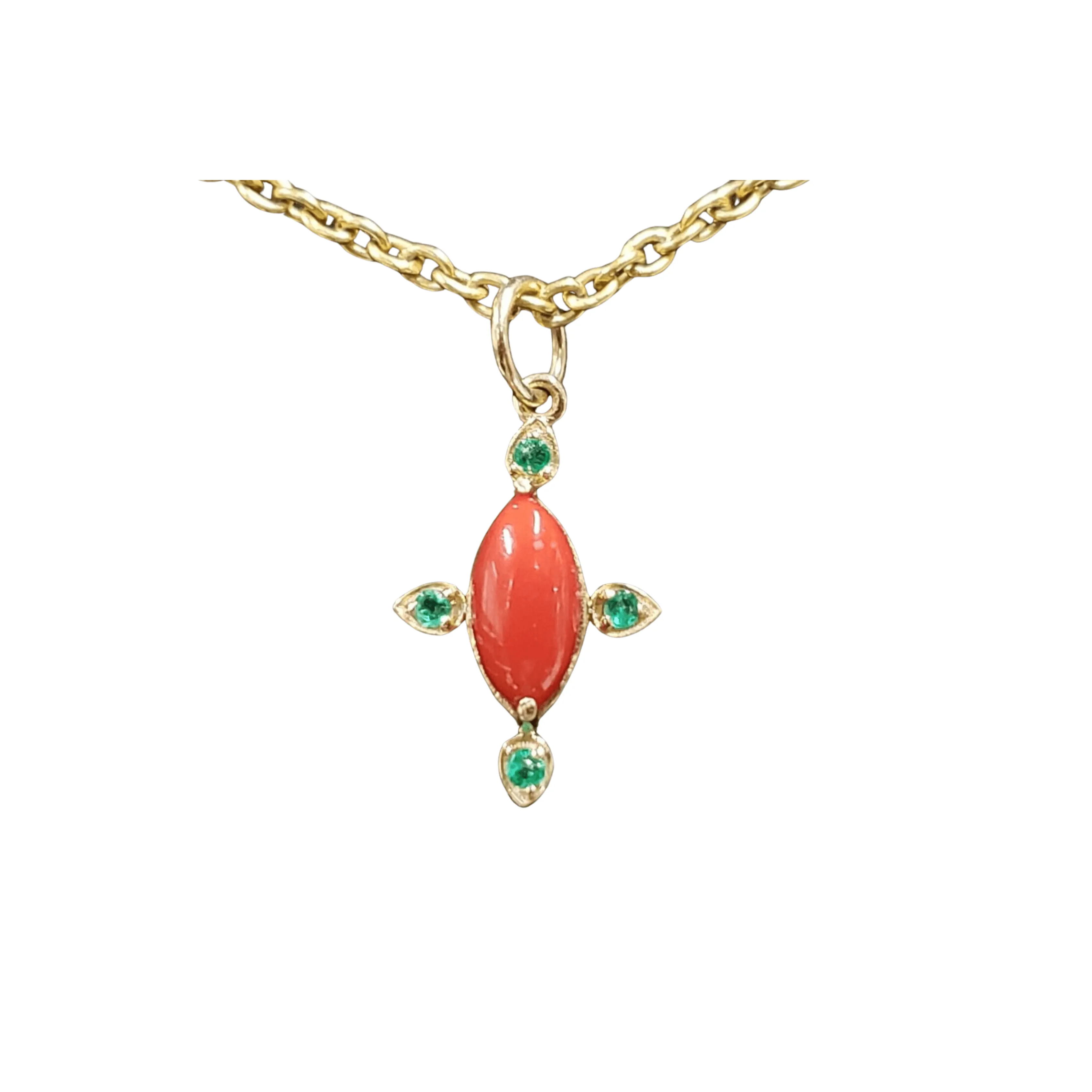 14k Gold Red Coral With Emerald Pendant