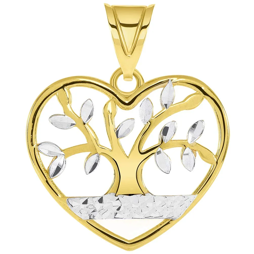 14k Gold Textured Heart Shaped Two Tone Tree of Life Pendant with Curb Chain Necklace - Yellow Gold