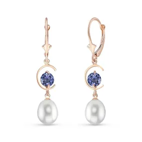 14K Solid Rose Gold Leverback Earrings Tanzanites & Pearl Gemstone