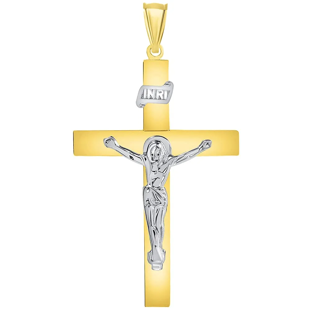 14k Two-Tone Gold 4mm Thick INRI Tubular Crucifix Cross Pendant (46 x 25.5mm)