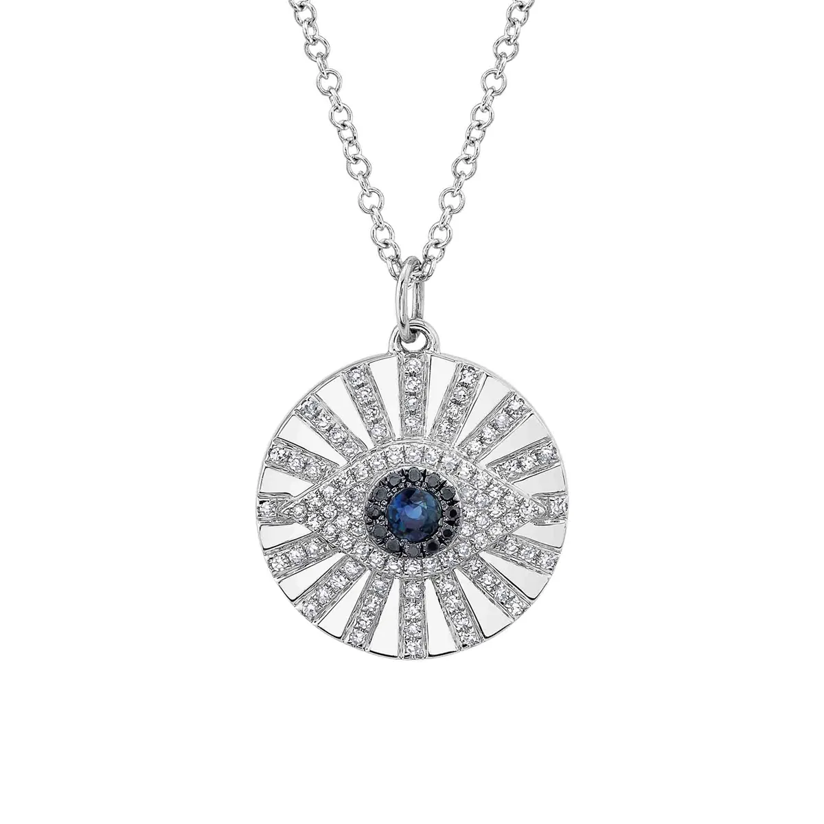 14K White Gold Black and White Diamond and Blue Sapphire Evil Eye Necklace
