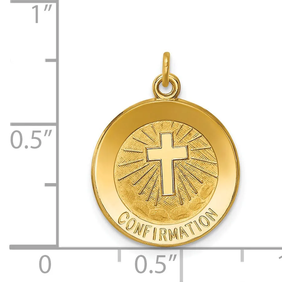 14K Yellow Gold Confirmation with Cross Design Round Medal Pendant