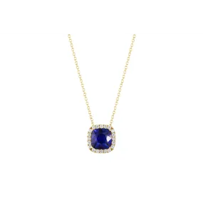 14K Yellow Gold Cushion Sapphire with Diamond Halo Pendant Necklace