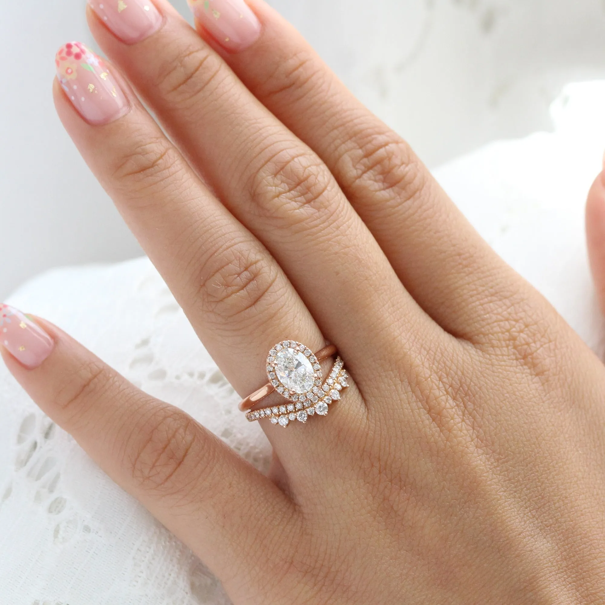 1.71 Ct Oval Halo Diamond Ring Set w/ Lab Diamond and Crown Wedding Band