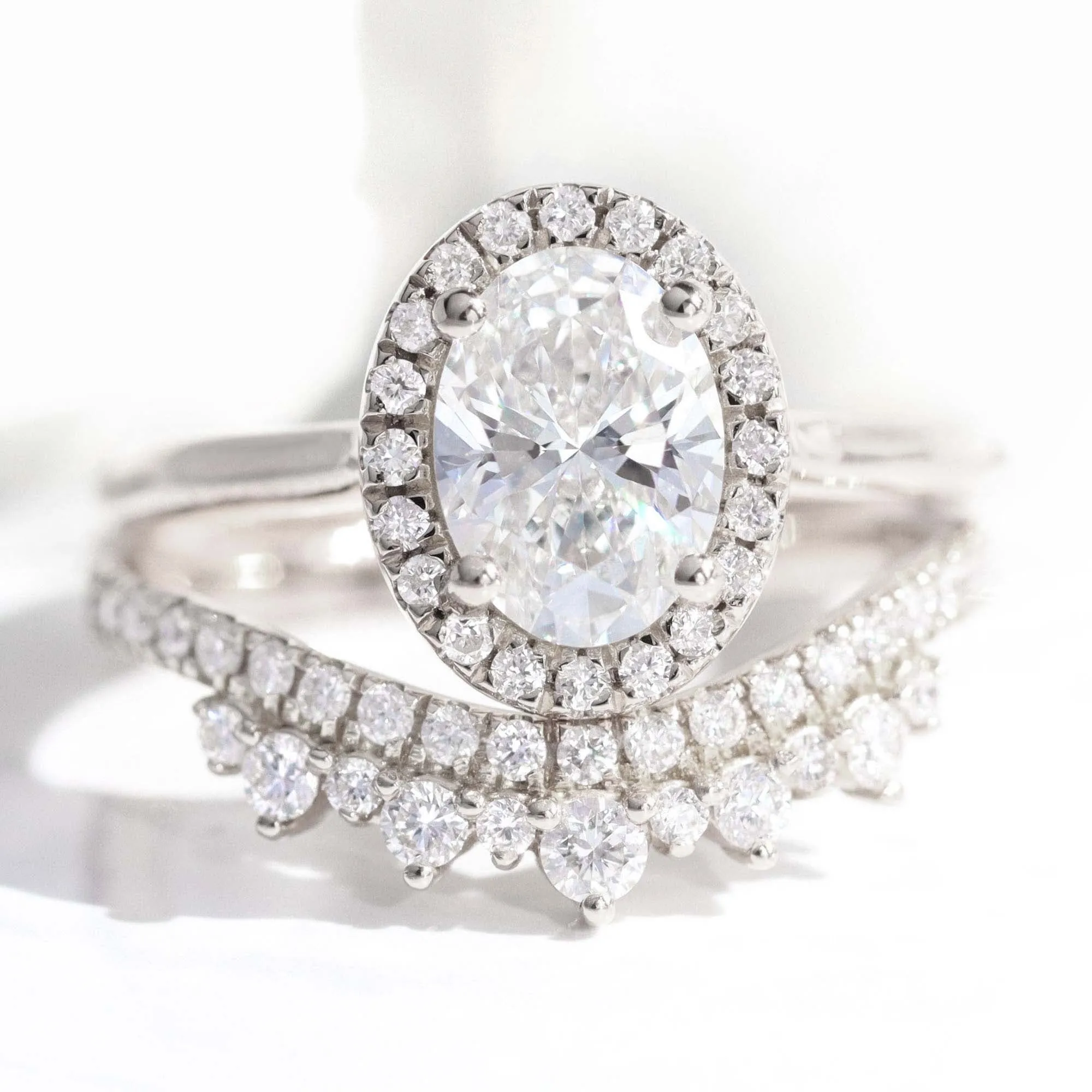 1.71 Ct Oval Halo Diamond Ring Set w/ Lab Diamond and Crown Wedding Band