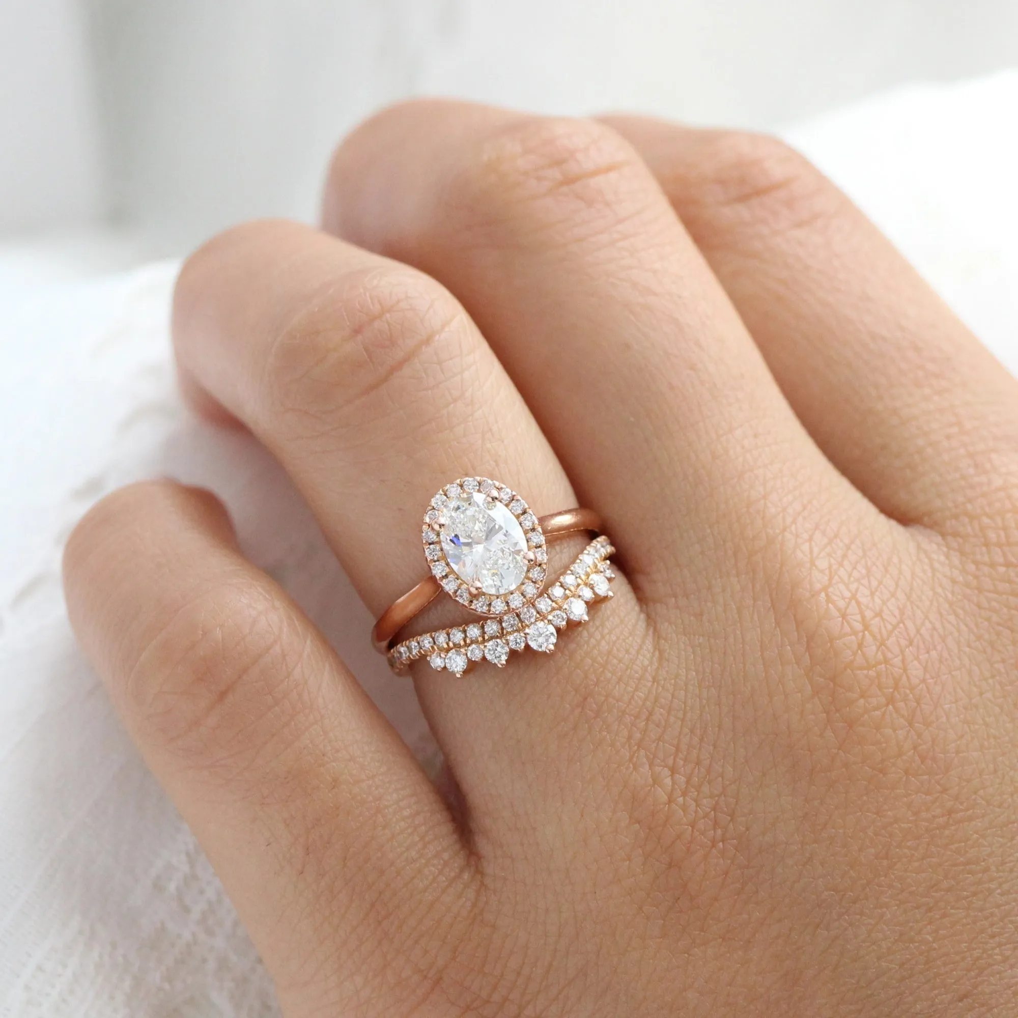 1.71 Ct Oval Halo Diamond Ring Set w/ Lab Diamond and Crown Wedding Band