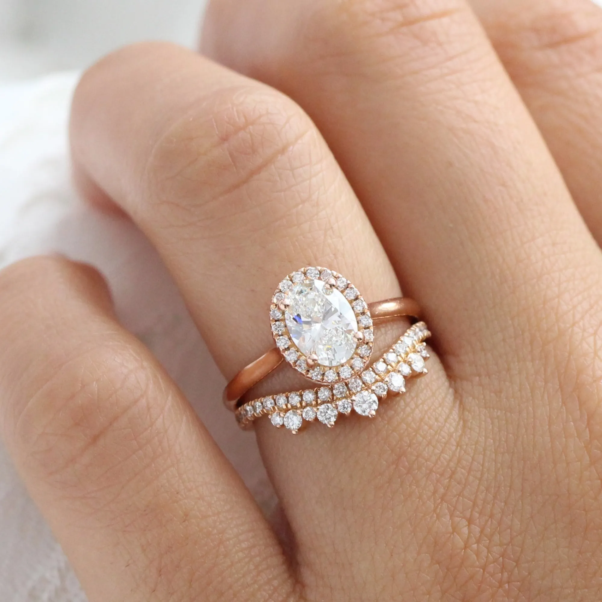 1.71 Ct Oval Halo Diamond Ring Set w/ Lab Diamond and Crown Wedding Band