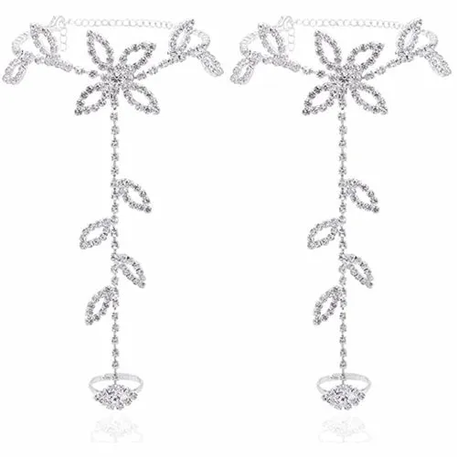 1PC Beach Wedding Jewelry Anklet with Rhinestone Toe Ring Leaf Bridal
