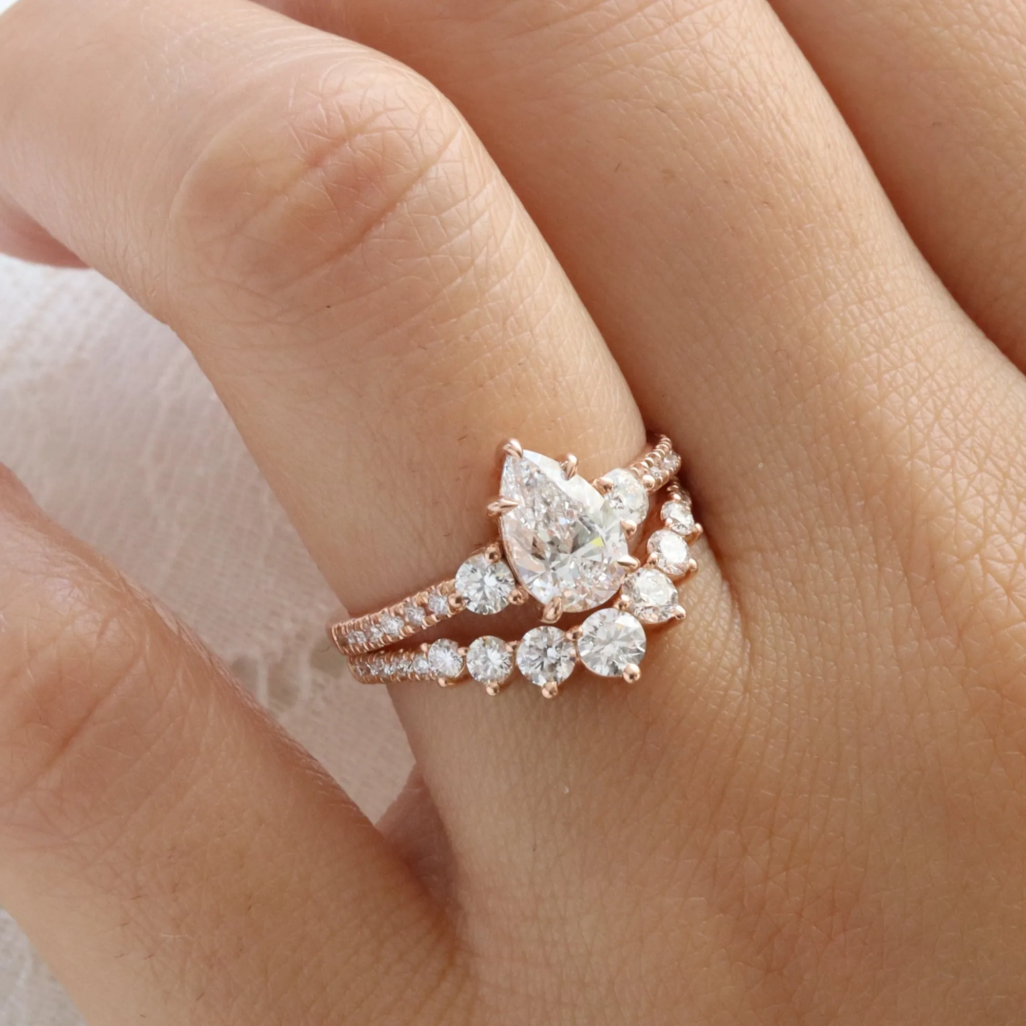 2.21 Ct. Pear Lab Diamond 3 Stone Ring Set w/ Large 7 Wedding Band in Forever Setting