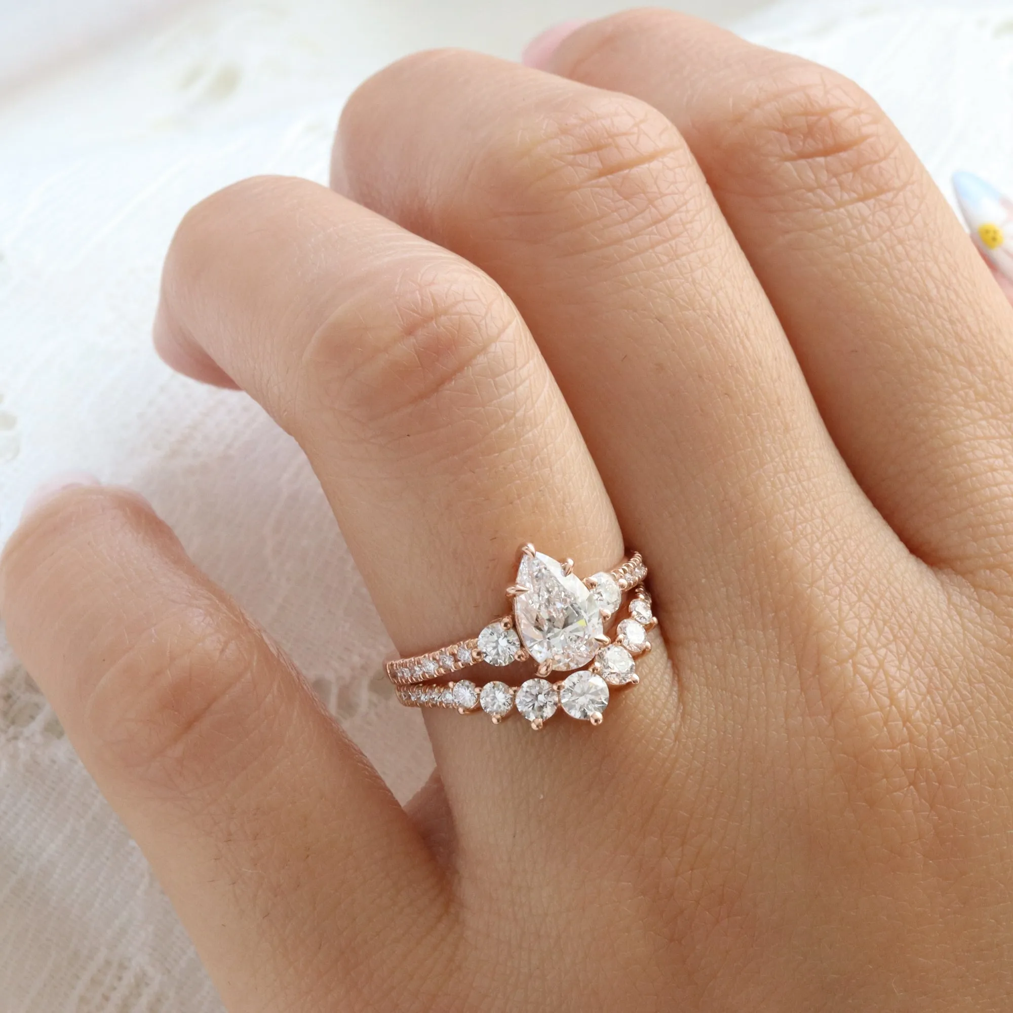 2.21 Ct. Pear Lab Diamond 3 Stone Ring Set w/ Large 7 Wedding Band in Forever Setting