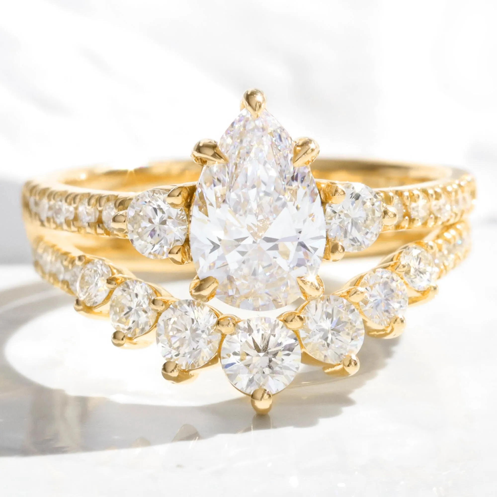 2.21 Ct. Pear Lab Diamond 3 Stone Ring Set w/ Large 7 Wedding Band in Forever Setting