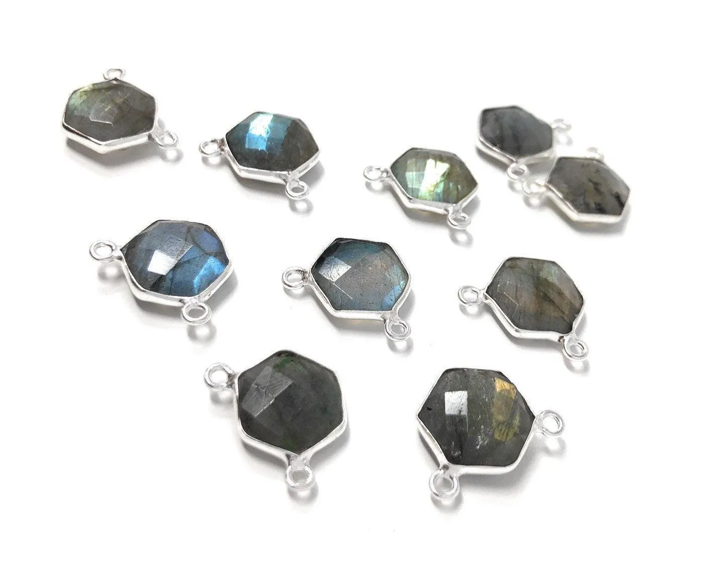 5Pcs Labradorite Gemstone Sterling Silver Connectors, Hexagon Shape