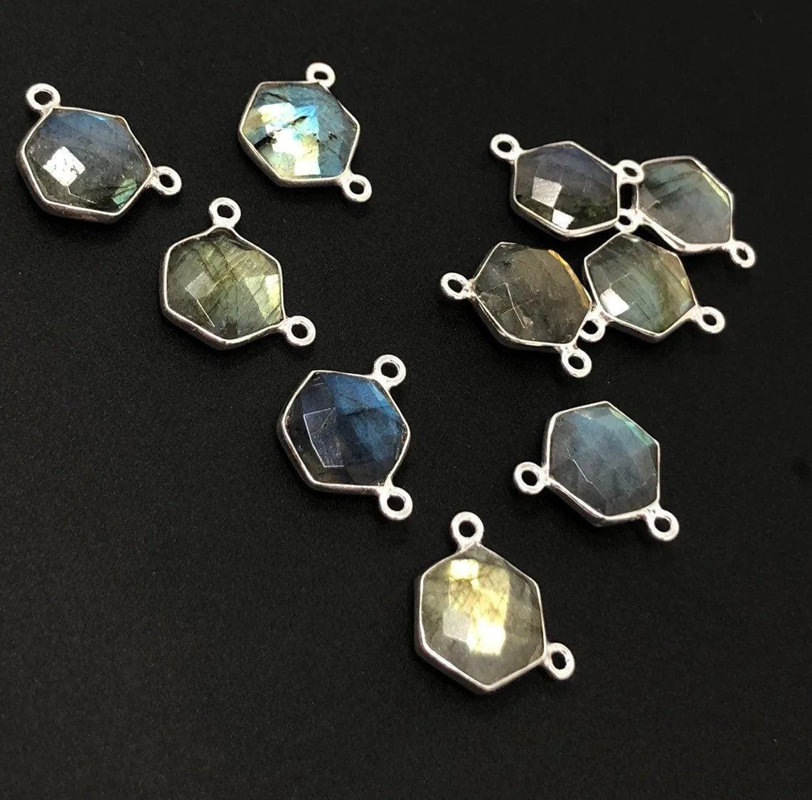 5Pcs Labradorite Gemstone Sterling Silver Connectors, Hexagon Shape