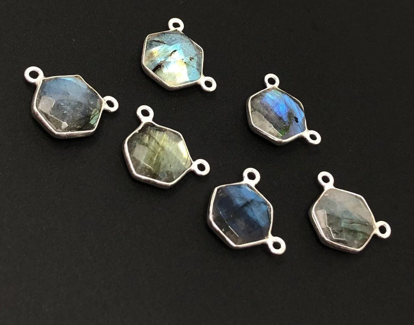 5Pcs Labradorite Gemstone Sterling Silver Connectors, Hexagon Shape