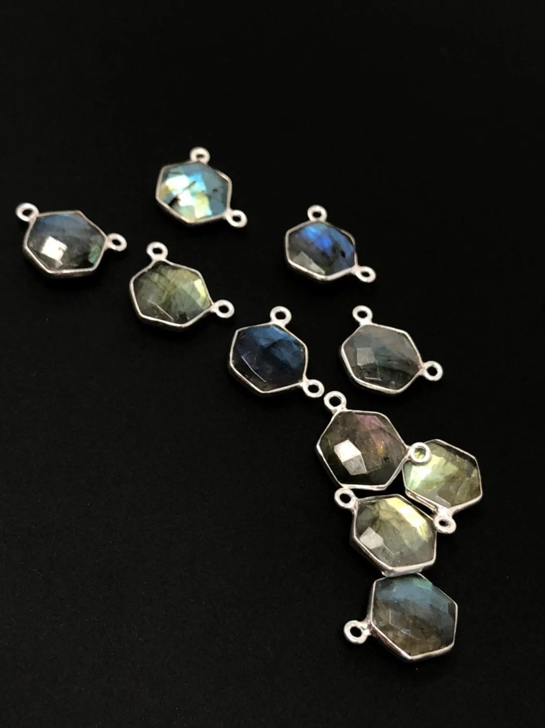 5Pcs Labradorite Gemstone Sterling Silver Connectors, Hexagon Shape