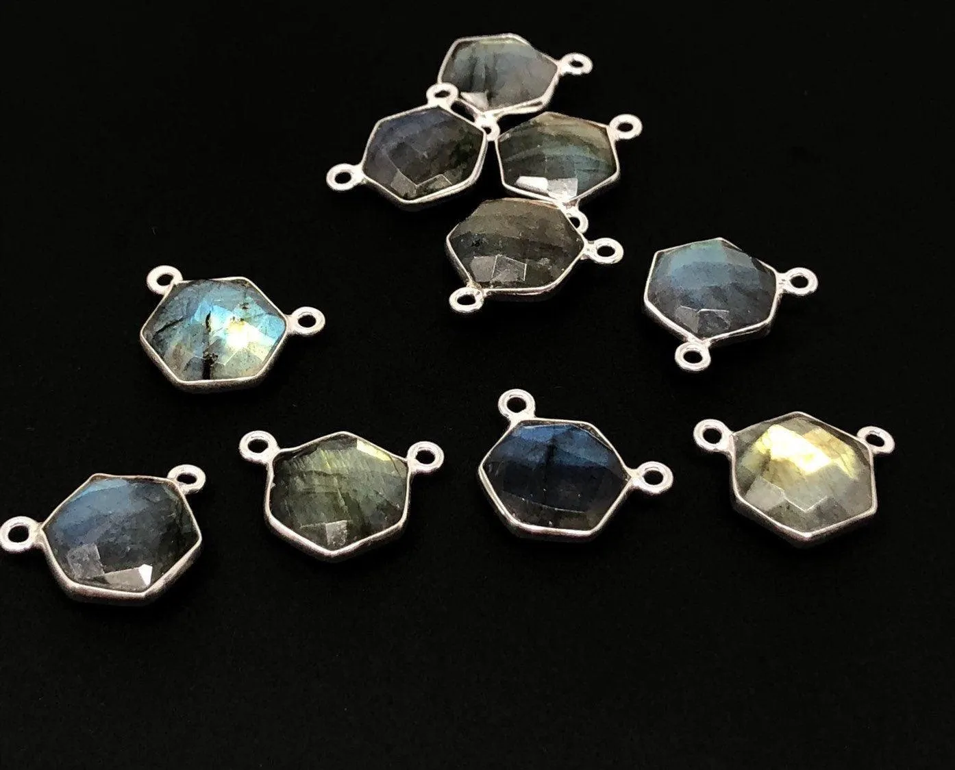 5Pcs Labradorite Gemstone Sterling Silver Connectors, Hexagon Shape