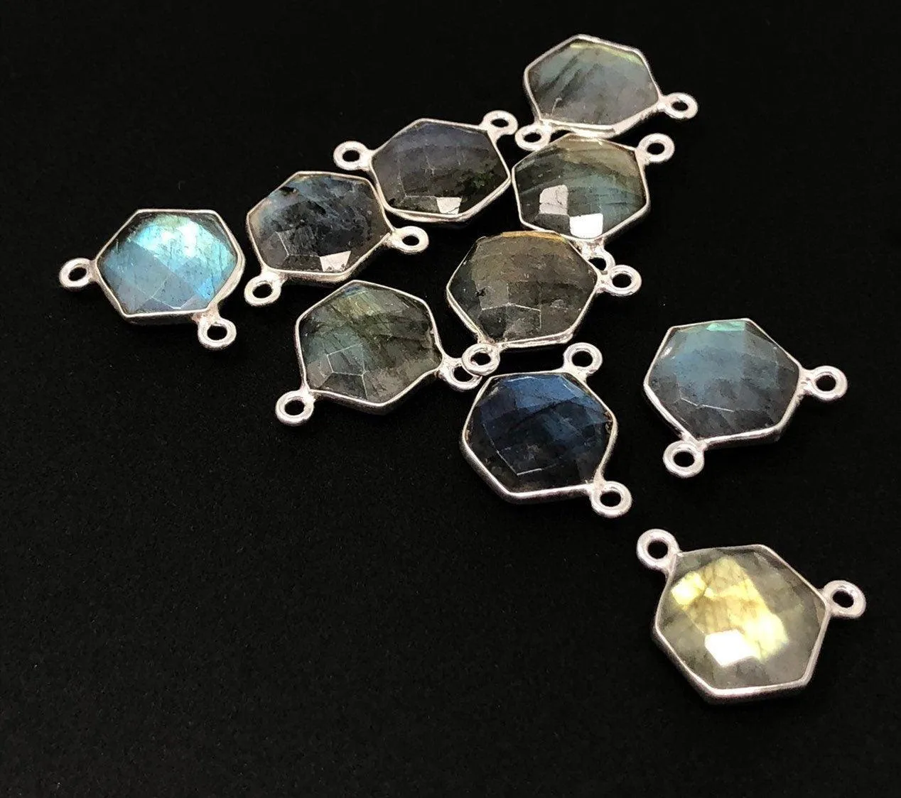5Pcs Labradorite Gemstone Sterling Silver Connectors, Hexagon Shape
