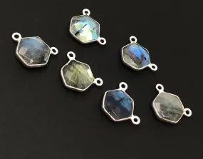 5Pcs Labradorite Gemstone Sterling Silver Connectors, Hexagon Shape