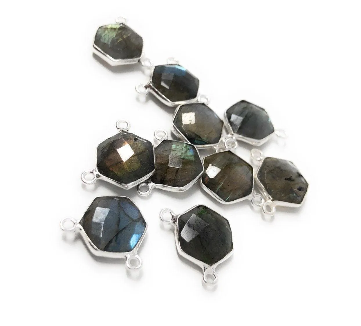 5Pcs Labradorite Gemstone Sterling Silver Connectors, Hexagon Shape