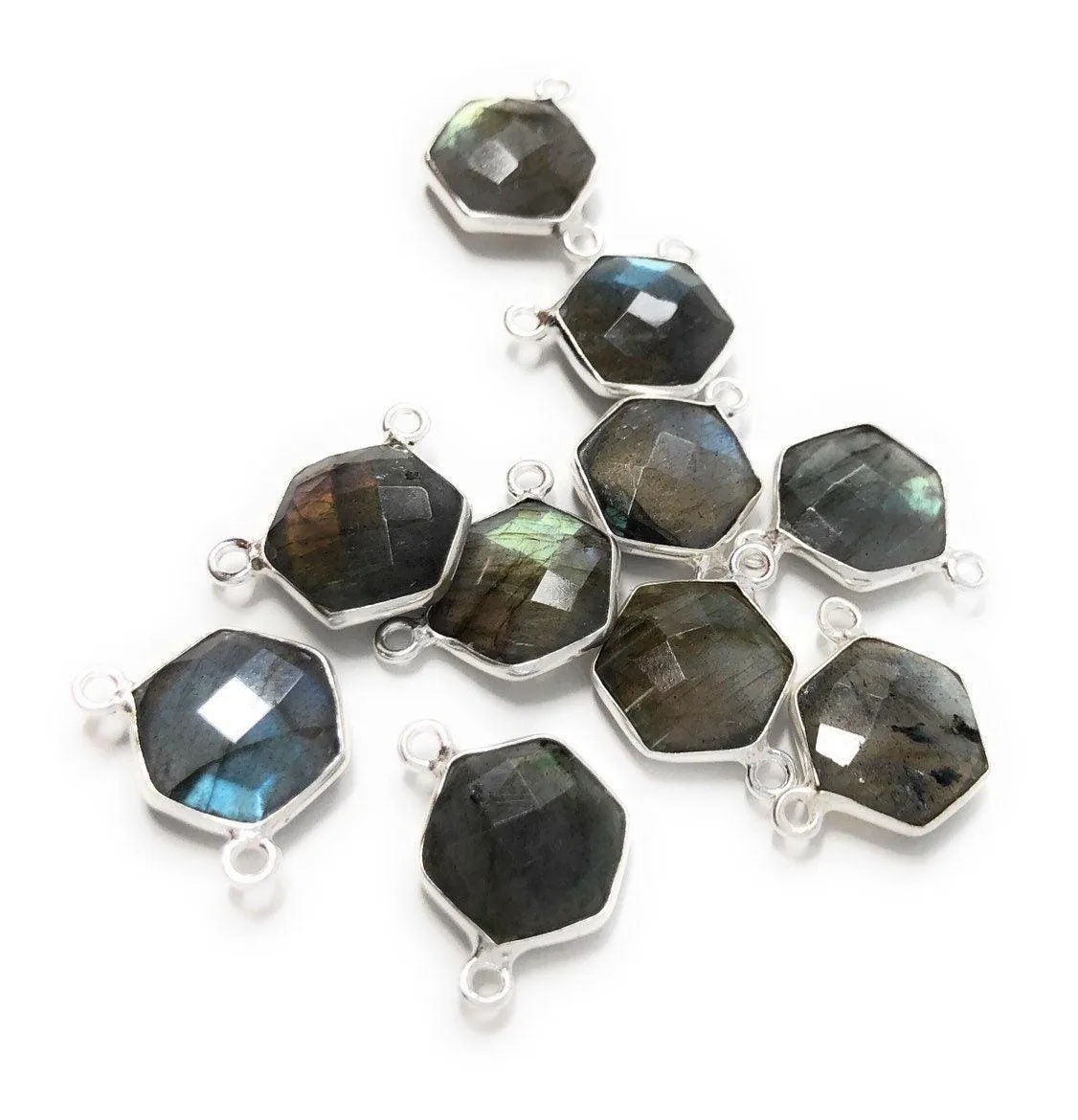 5Pcs Labradorite Gemstone Sterling Silver Connectors, Hexagon Shape