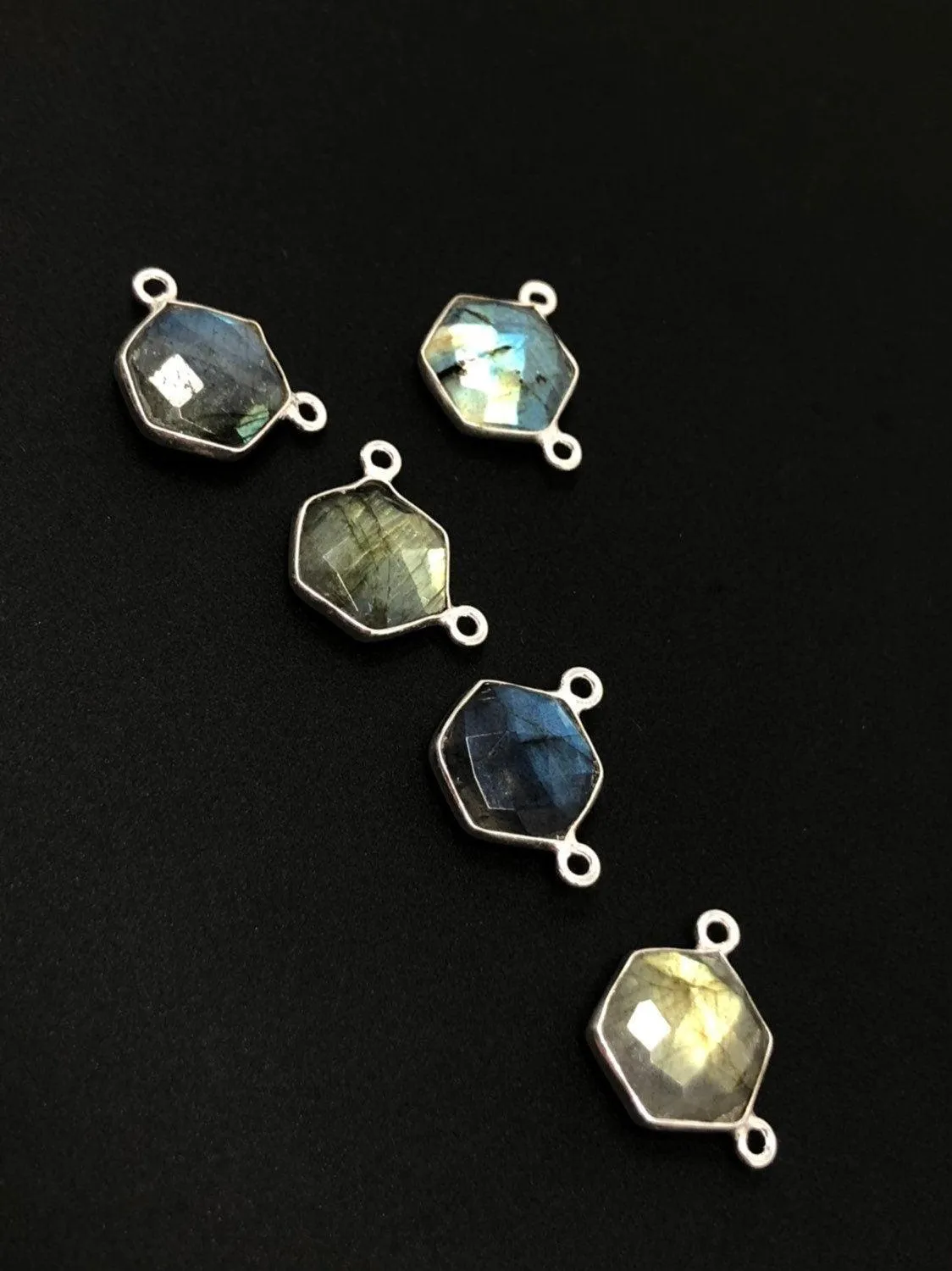 5Pcs Labradorite Gemstone Sterling Silver Connectors, Hexagon Shape