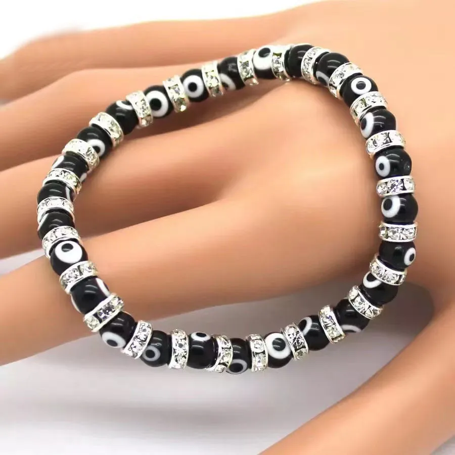 6mm Glass Beaded Alloy Diamond Beaded Elastic Bracelet for Women