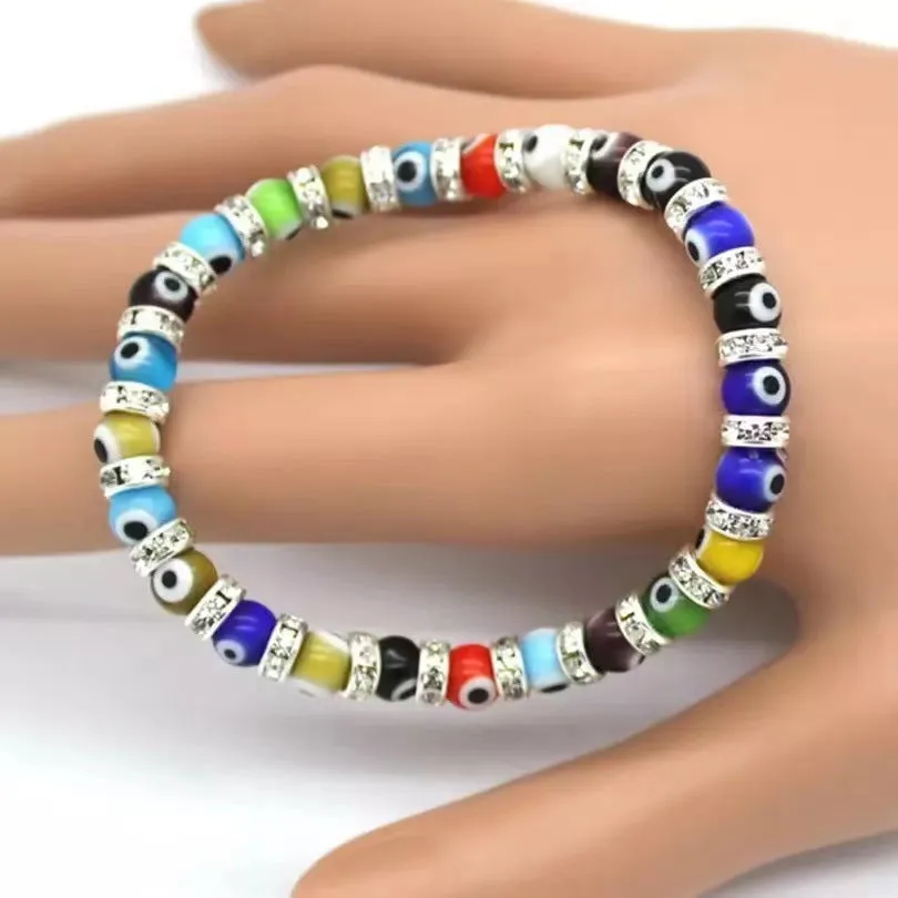 6mm Glass Beaded Alloy Diamond Beaded Elastic Bracelet for Women