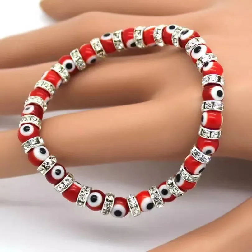 6mm Glass Beaded Alloy Diamond Beaded Elastic Bracelet for Women