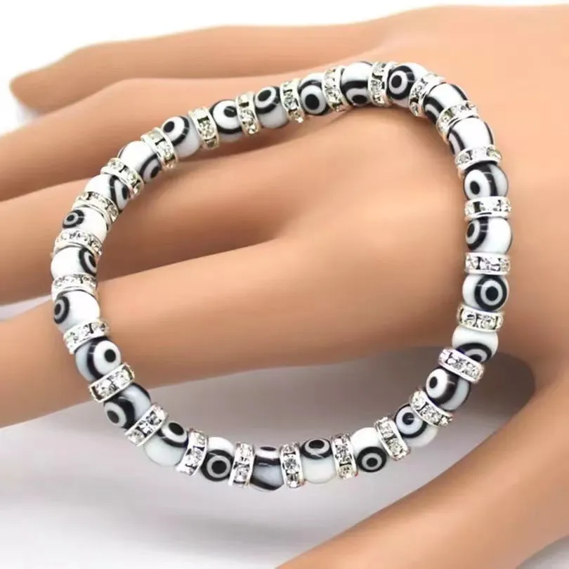 6mm Glass Beaded Alloy Diamond Beaded Elastic Bracelet for Women