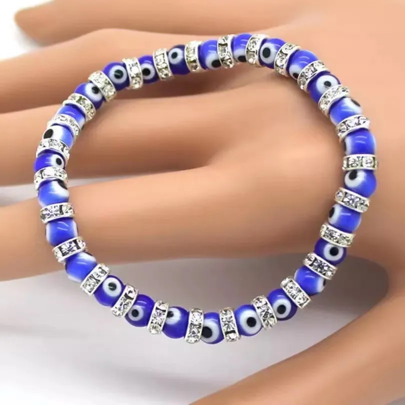 6mm Glass Beaded Alloy Diamond Beaded Elastic Bracelet for Women