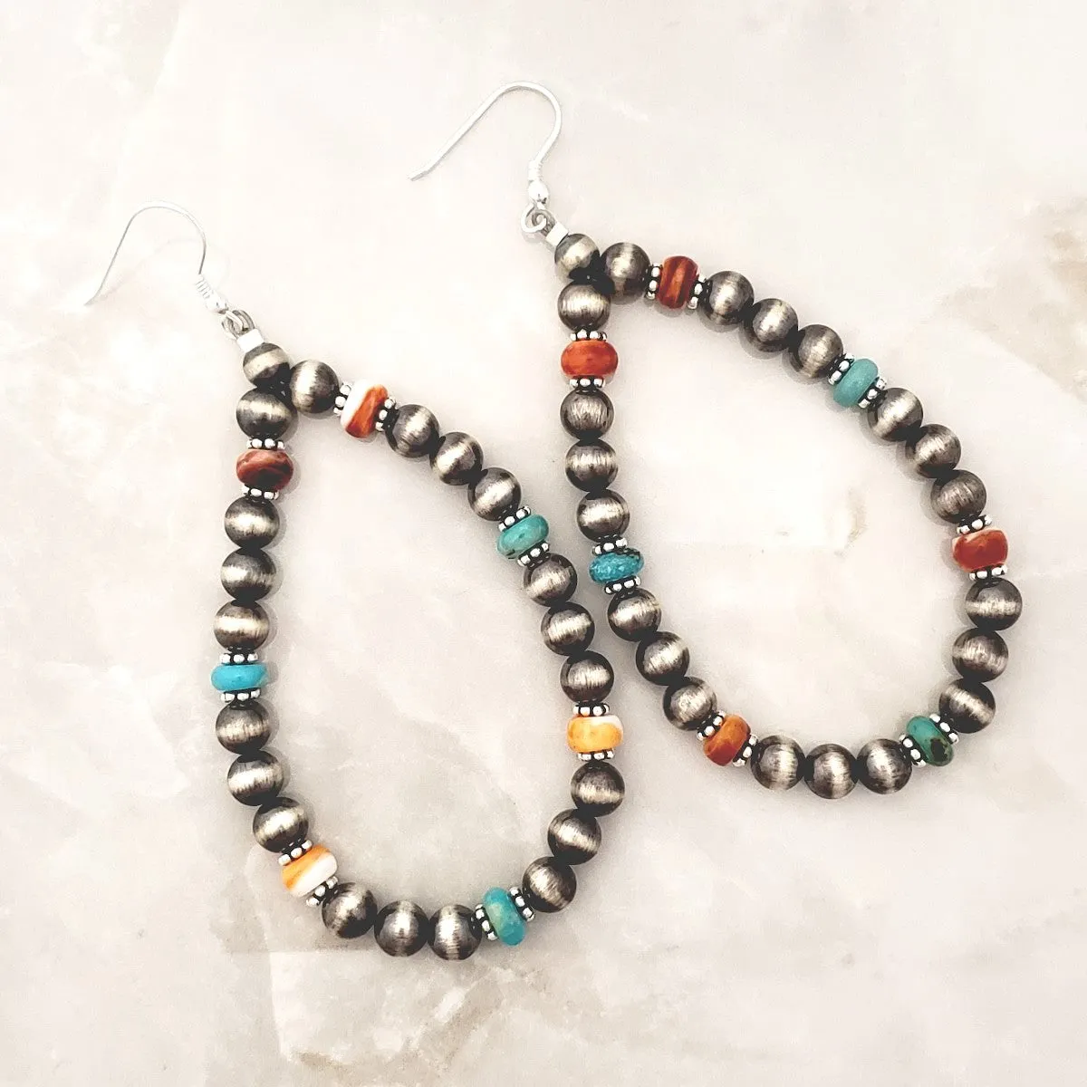 6mm Navajo Pearls Turquoise & Spiny Oyster Tear Drop Dangle Earrings Sterling Silver NPE007