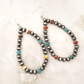 6mm Navajo Pearls Turquoise & Spiny Oyster Tear Drop Dangle Earrings Sterling Silver NPE007