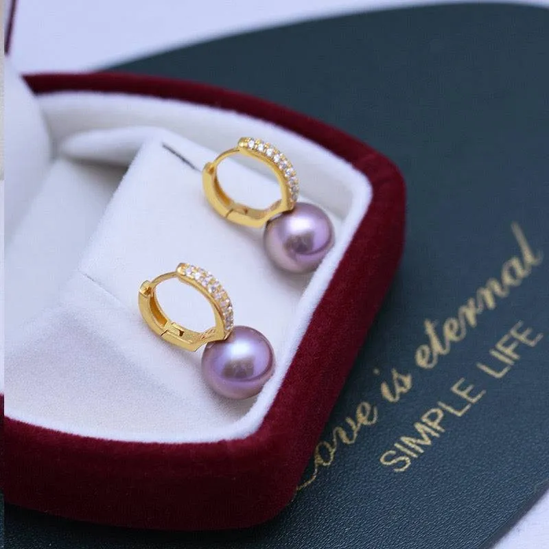 9-10mm Purple Freshwater Pearl & CZ Earrings