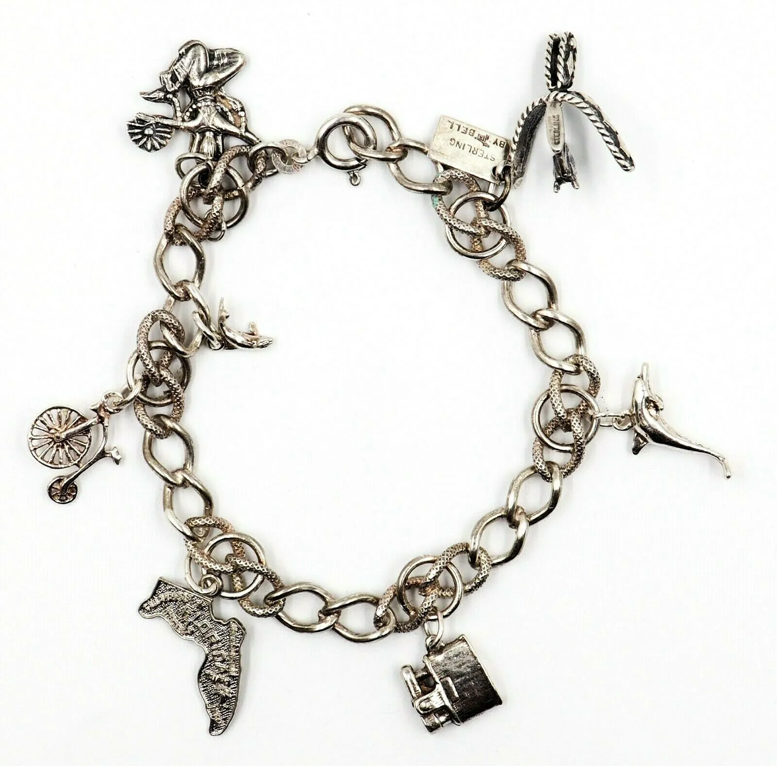 925 Sterling Silver Charm Bracelet Curb Link Chain Fine Jewellery 6 Charms